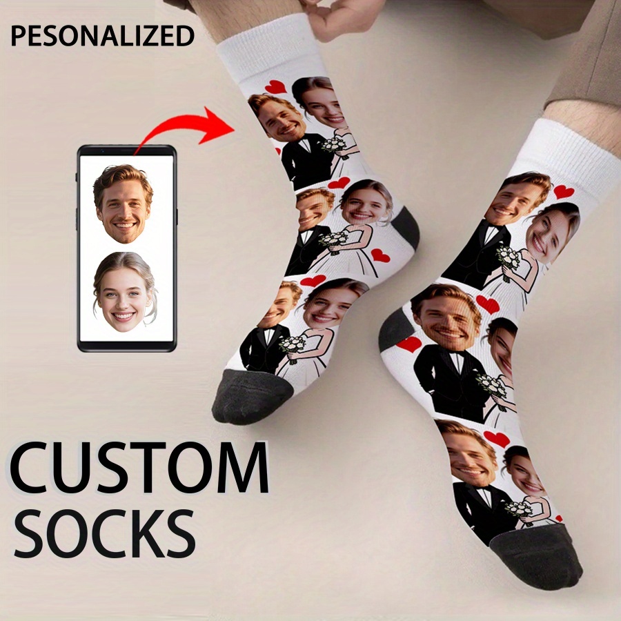 TEMU 1 Pair Personalized Couple Photo Socks - Custom Facial Features Mid-calf Socks, Wedding & Valentine's Gift For Him/her, Couples Anniversary