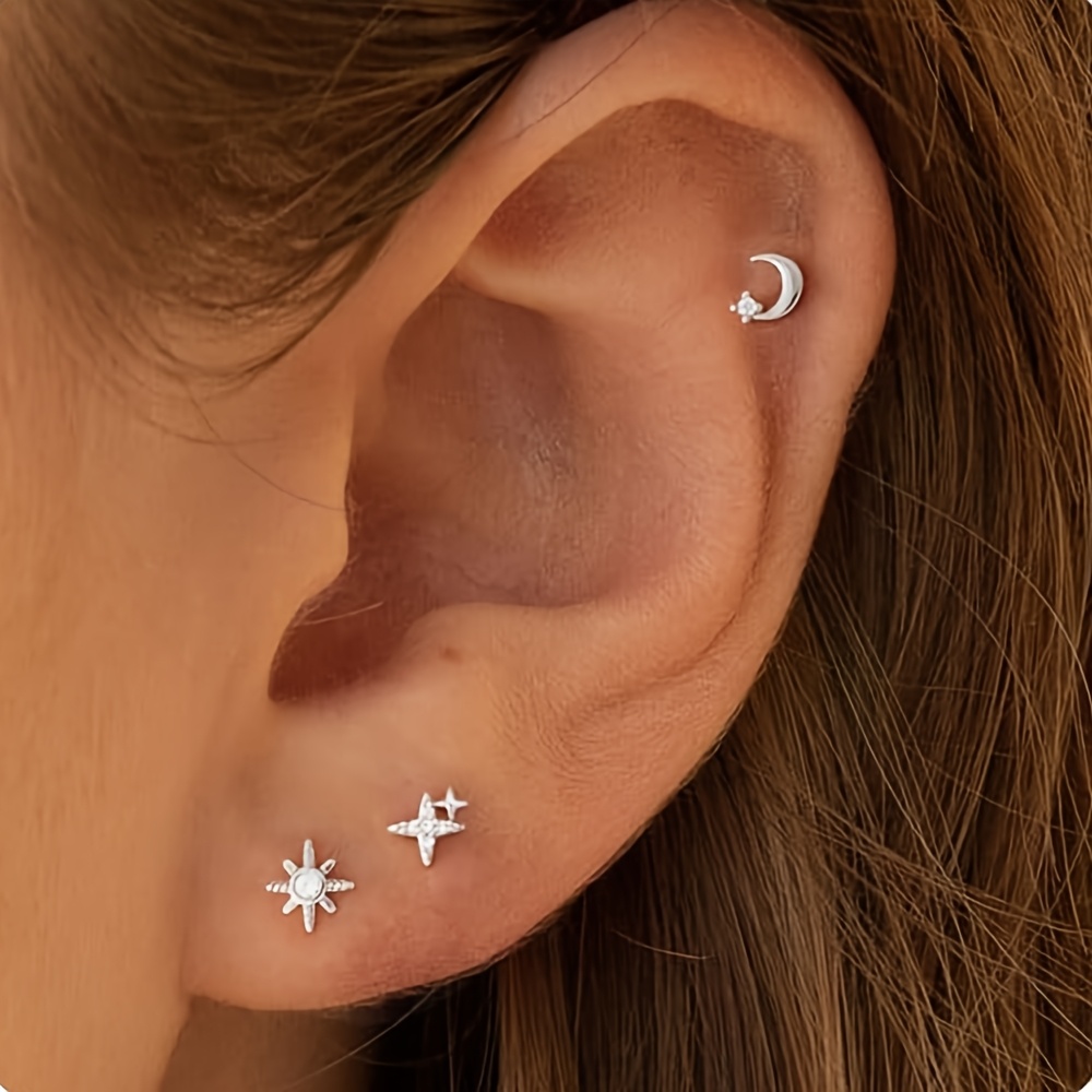 TEMU Orecchini 2D con piatto e minuscolo per donna - Set di orecchini sole luna stella, gioielli ipoallergenici per piercing cartilagine elice