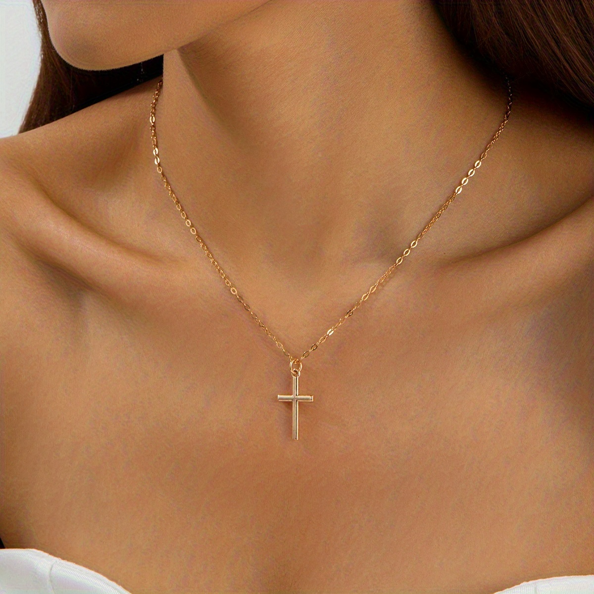 Image of 1pc Minimalist Fashion Metal Cross Pendant Necklace Thin Chain Clavicle Chain Suitable For Women' Matching Gift For Casual Versatile Additions