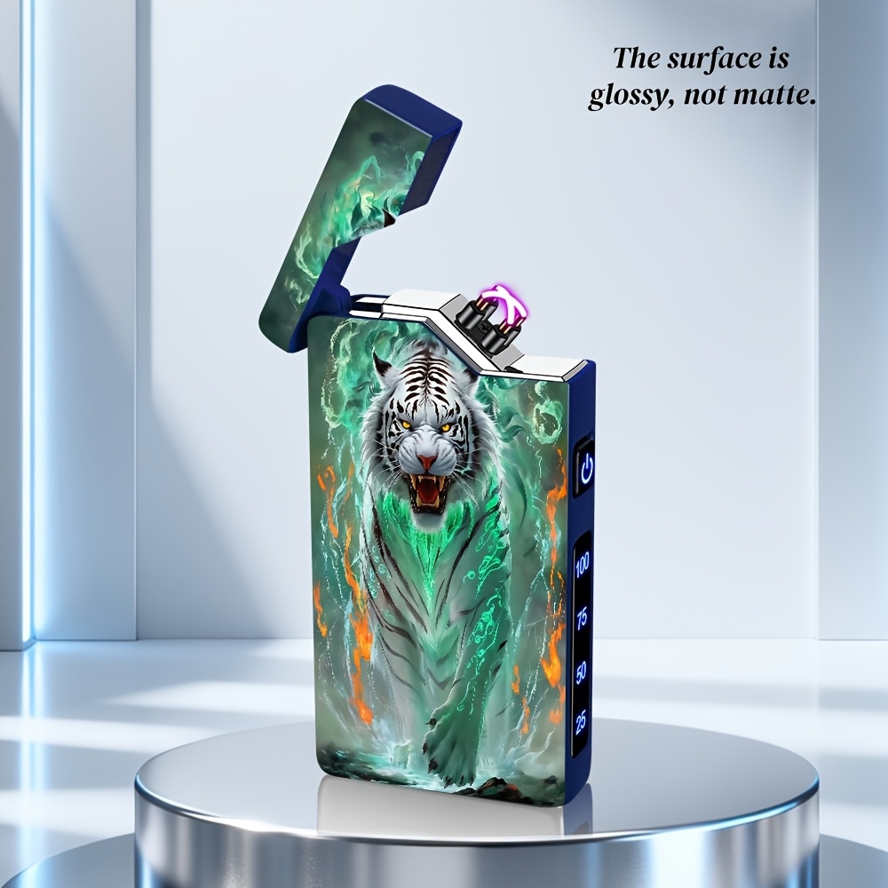 TEMU 1 briquet électronique en métal avec motif tigre blanc Qingfeng Chihuo, rechargeable USB-C avec affichage de l'alimentation, double arc à