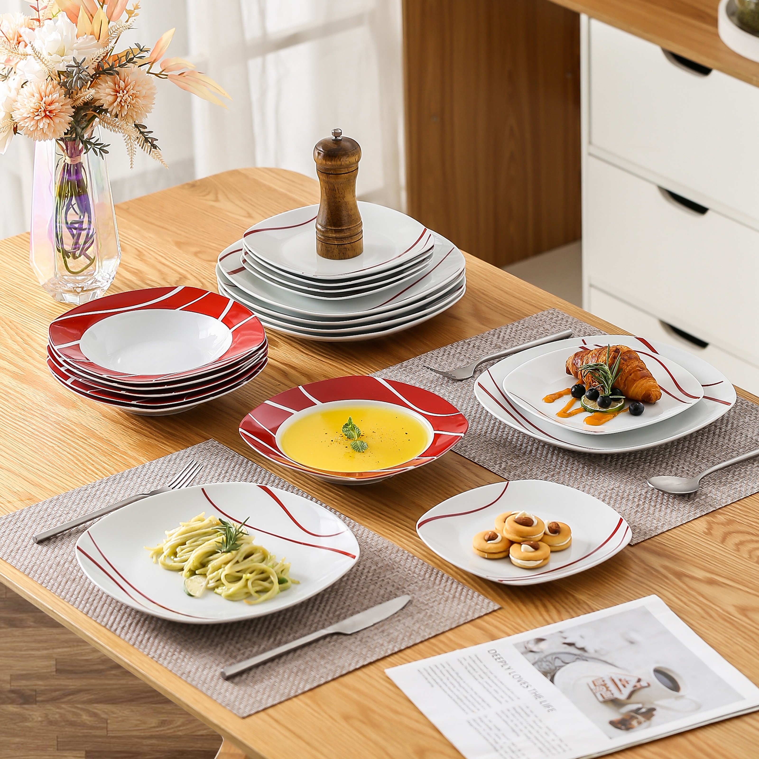 18/30pcs Dinner Set Service for Porcelain Plate Set Dining Set,  Dishwasher Microwave Safe, Dinner Plates, Dessert Plates, Cereal Bowls,  Plates