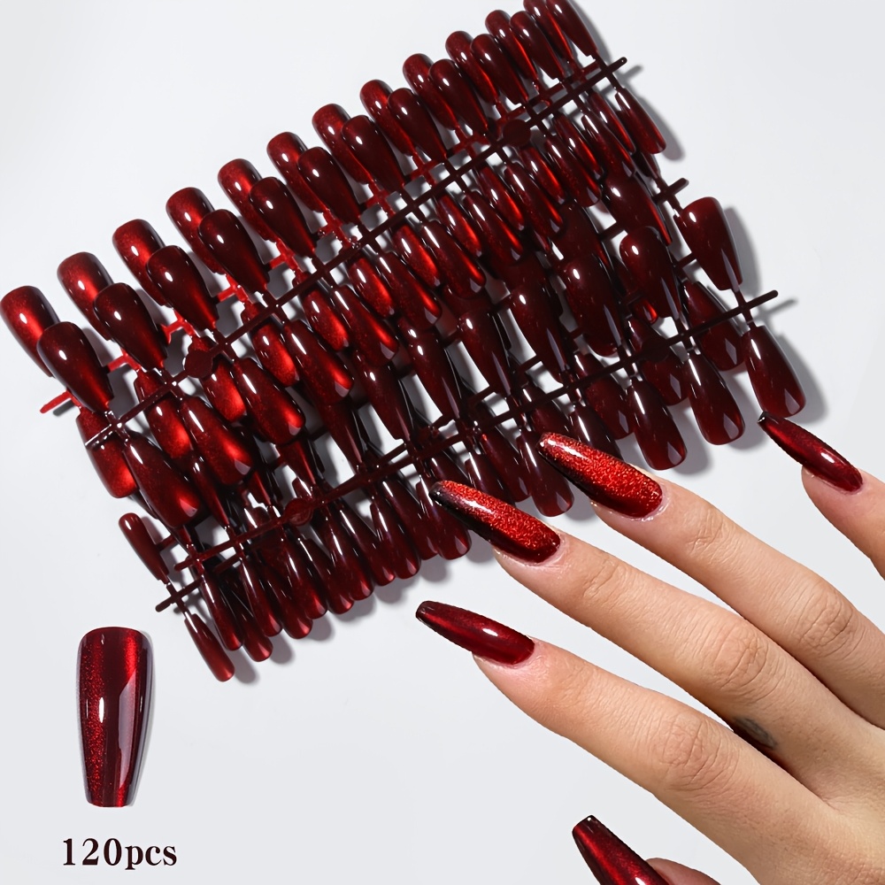 Image of 120pcs Long T-shaped Nail Red Soft Gel Cat Eye Press-on Nails, Glossy Shiny Cat Eye Surface, Suitable For Women And Nail Salons For Summer, Mother's Fake Nail Decorations