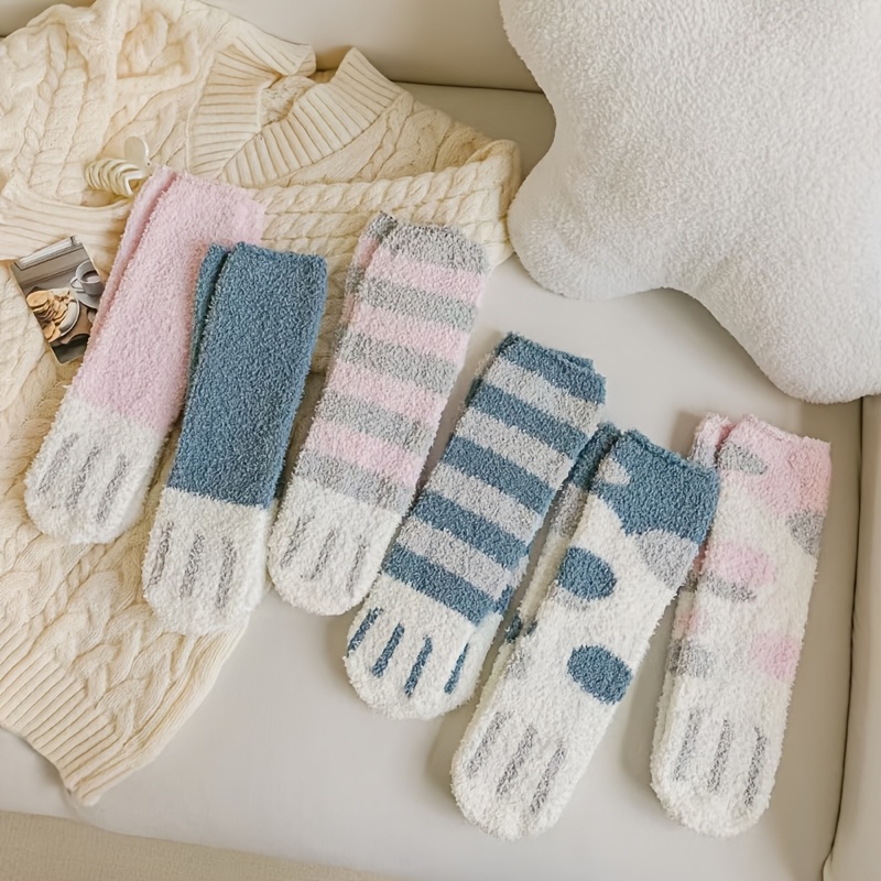 TEMU 6 Pairs Of Women's Cat Paw Plush Mid-calf Socks, Autumn/ Personality Coral Sleep Socks, Cute Cartoon Sweet Home Warm Floor Socks, Thickened