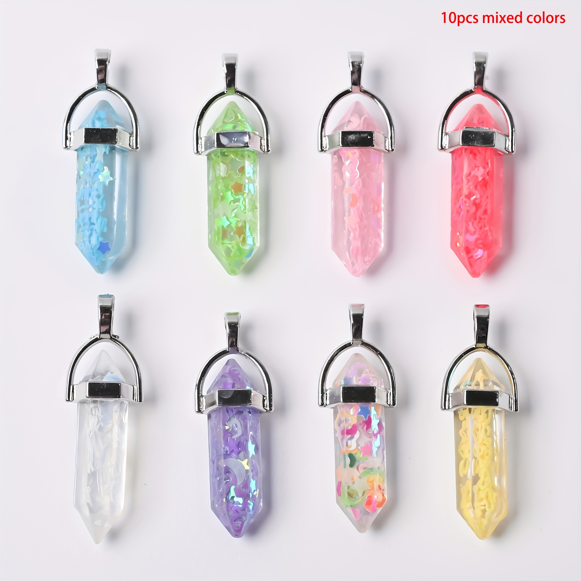 Image of 10pcs Luminous Resin Hexagonal Pendant Pendulum, Bulk Glow Glitter Point Charms For Necklace, Bracelet, Earrings, Keychain Jewelry Making Supplies, Cute Jewelry Additions