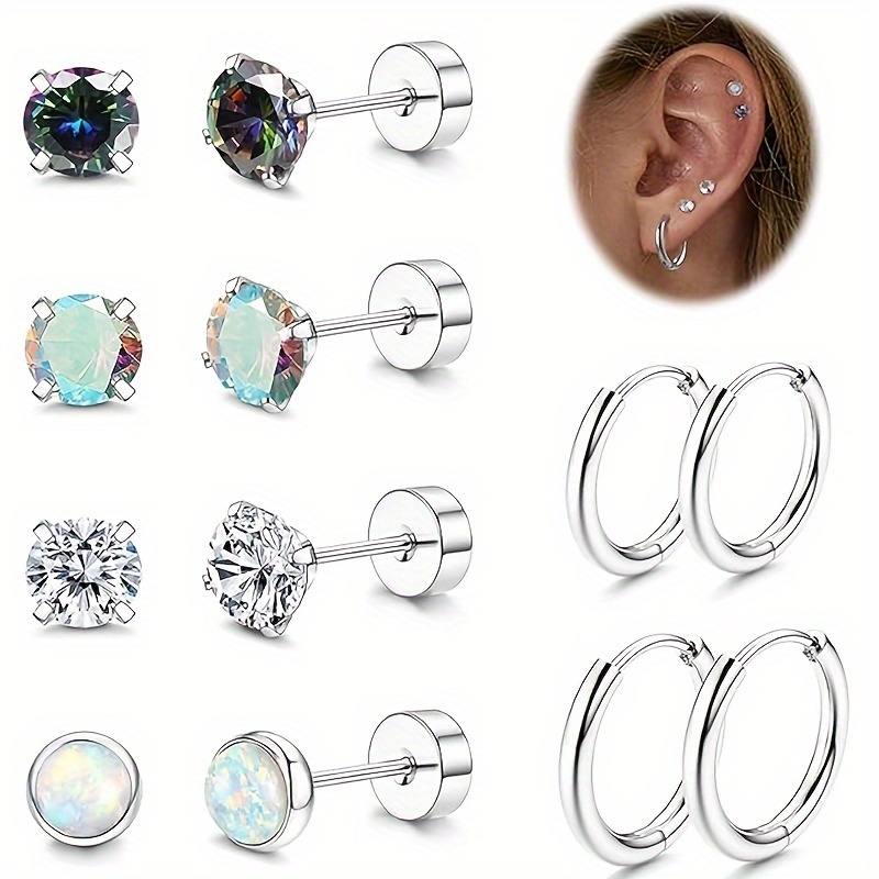 surgical stainless steel earrings for women men hypoallergenic stud and hoop earrings for sensitive ears cz flat back earrings stud 20 g stainless steel cartilage earrings small flatback earrings set