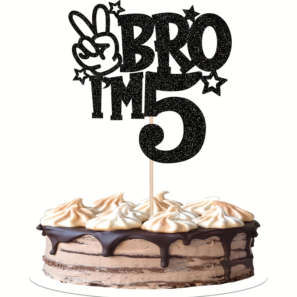 1pc Brother I'm 5 Cake Topper With Glitter For Celebrating 5th Birthday Cake Decoration My 5th Birthday Party Supplies For Cheers To In Black