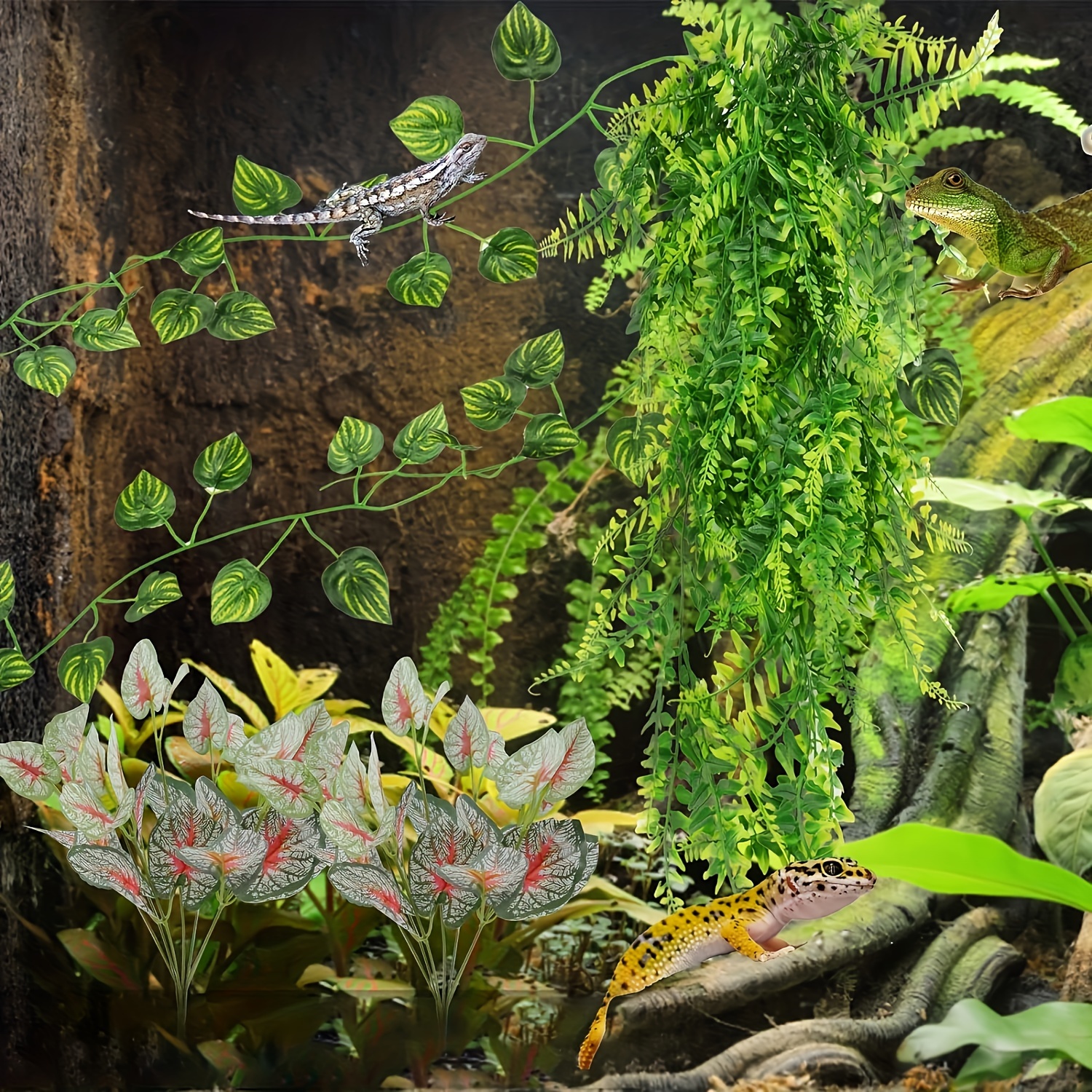 HAMILEDYI Reptilien-Pflanzen Set – 2 Künstliche Hängepflanzen Für Terrarium
