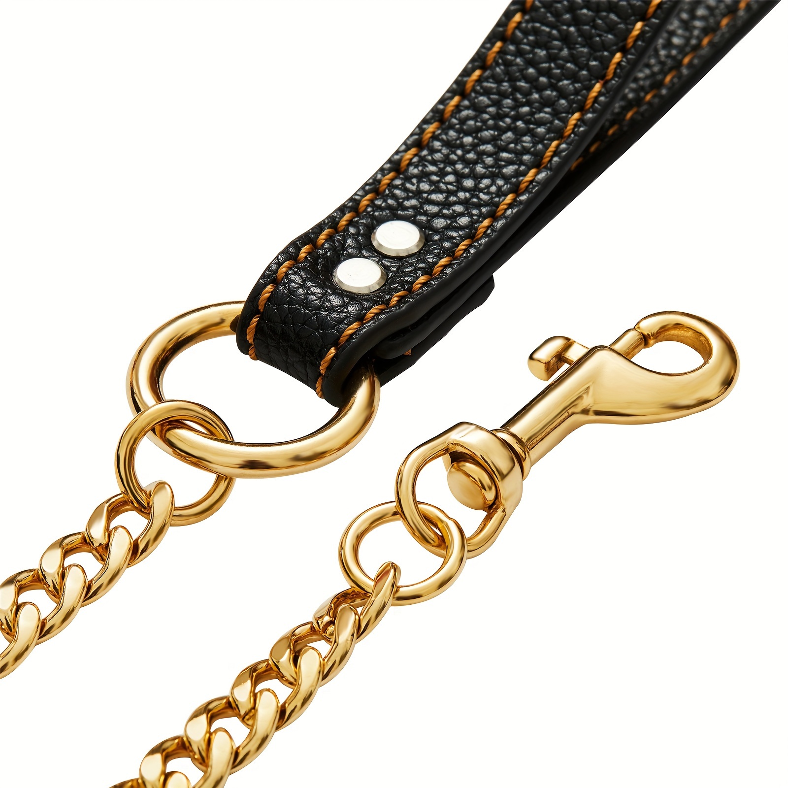 

Luxury Dog Leash, Stainless Steel Chain With Black Leather Handle, 50 Inches Length, 0.47 Inches Width, Durable Pet Traction Rope For Walking