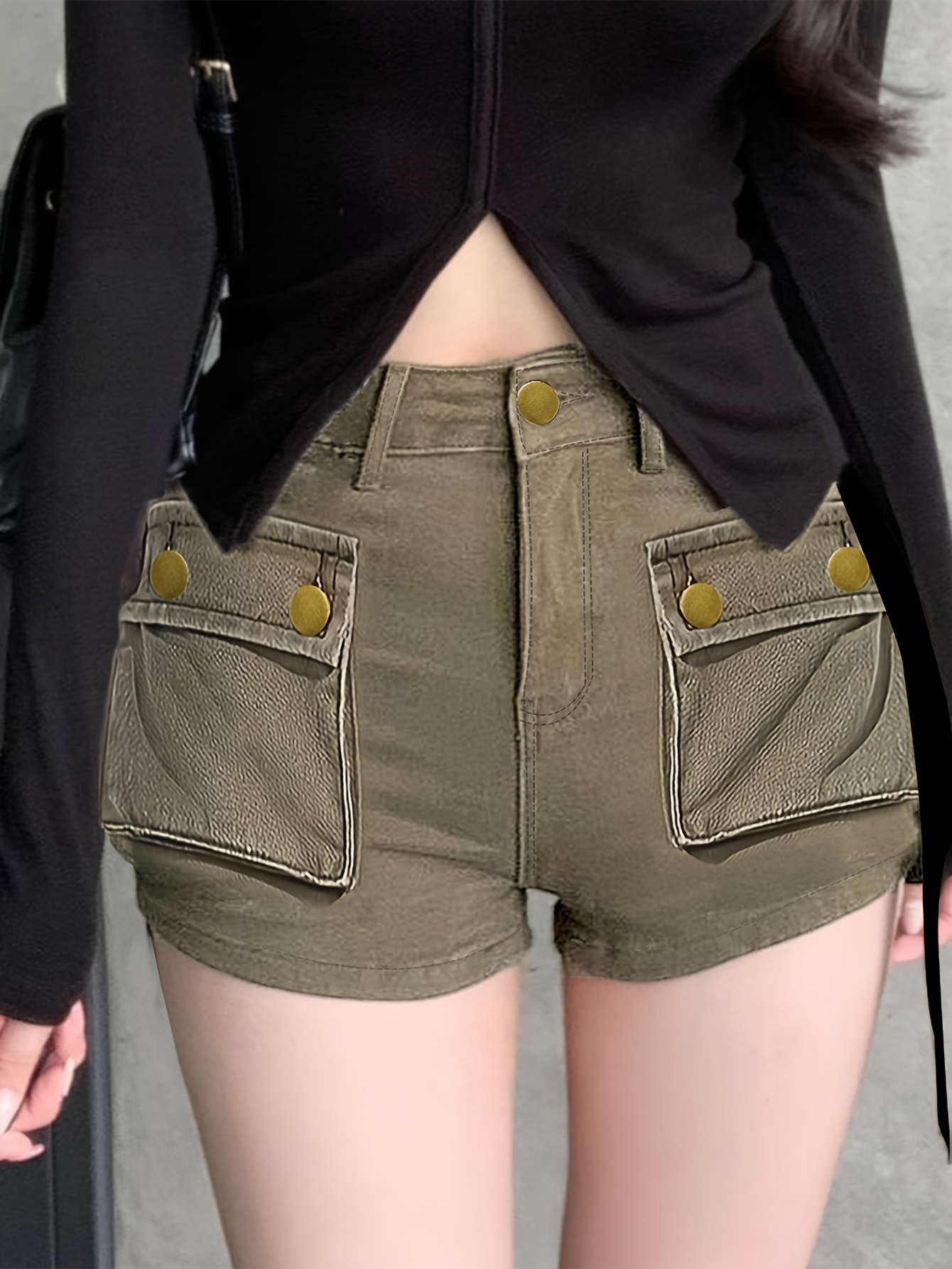 Flap Pockets Cargo Denim Shorts High Waist Non stretch High - Temu