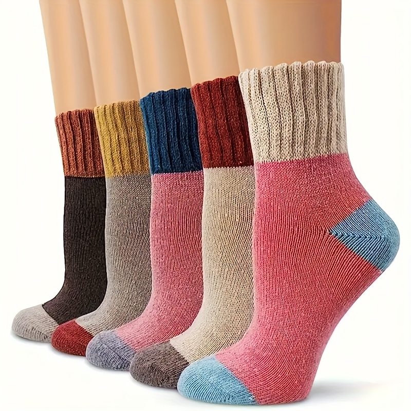 Image of 5 Pairs Women's Wool Sports Socks - Mid-calf Mid-top Breathable Sweat-wicking Suitable For Running, Gym, Training | Color-blocking Athletic Socks With | Machine Washable Footwear For Daily Wear & -