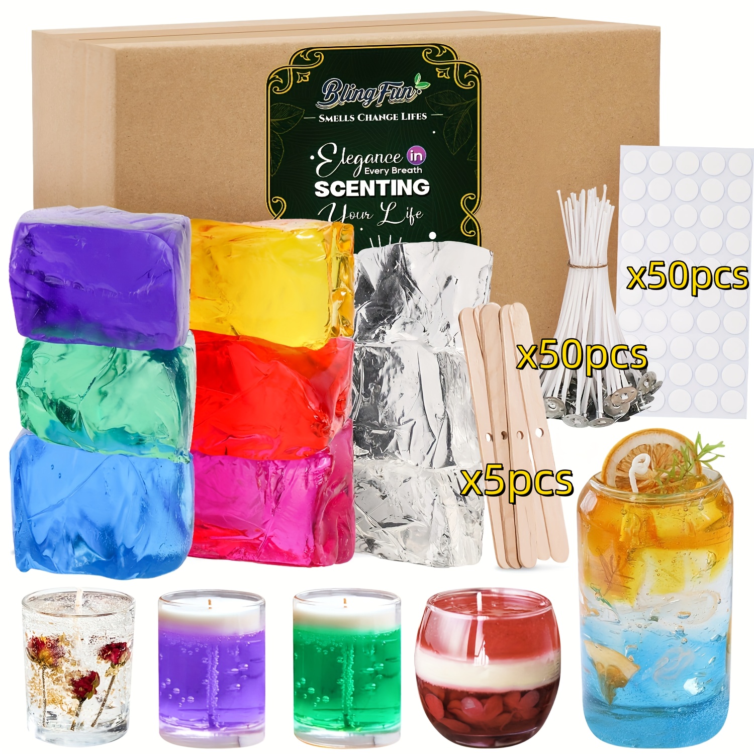 Blingfun Gel Wax Candle Making Kit With 2lb (7colors/9pcs) Jelly Wax, 50pcs Candle Wicks, 50pcs Wick Stickers, 5pcs Wick Holders - Complete Starter Kit For Scented, Decorative And Clear Candles