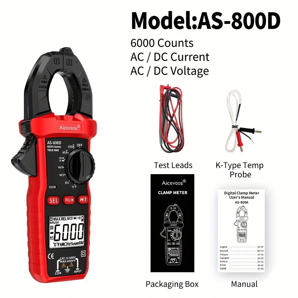 Aicevoos Digital Clamp Meter, 600a Ac/ Current, 6000 , Ac/ Voltage, Auto , True Rms Multimeter, Ncv, Temperature, , Resistance
