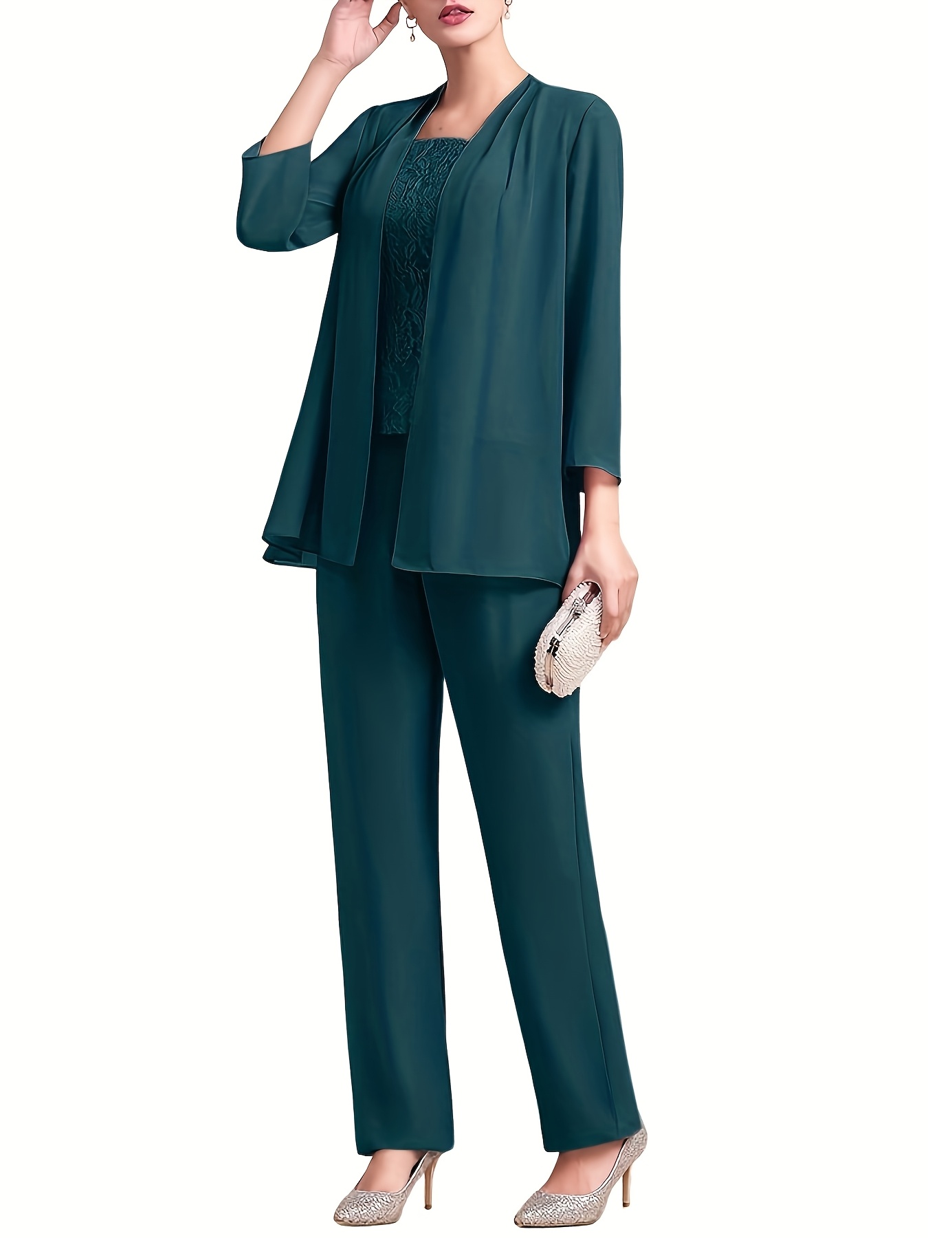 womens fashion chiffon 3pcs pants suits lace mother bride - Temu