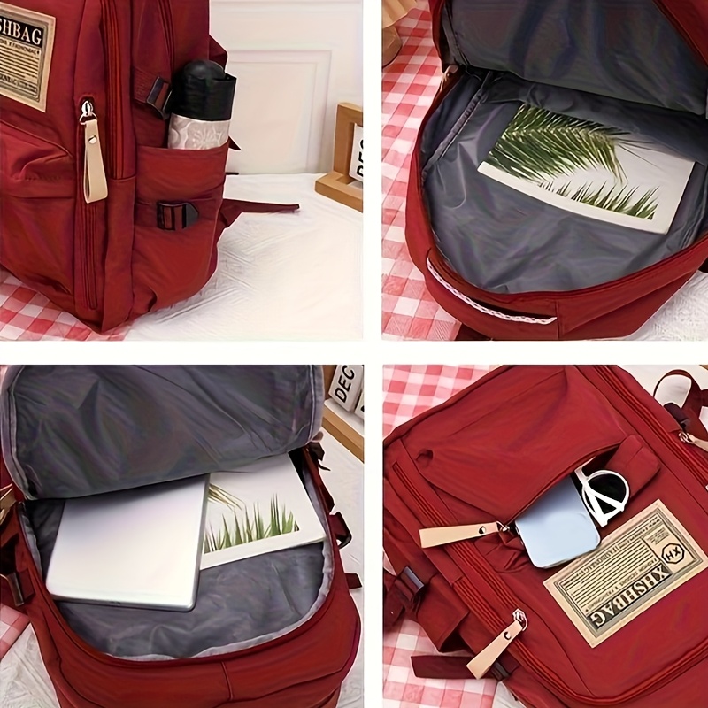 red casual backpack with adjustable shoulder straps multiple pockets lightweight durable polyester for travel school daily   stylish functional design daily   bag minimalist backpack lightweight bag details 3