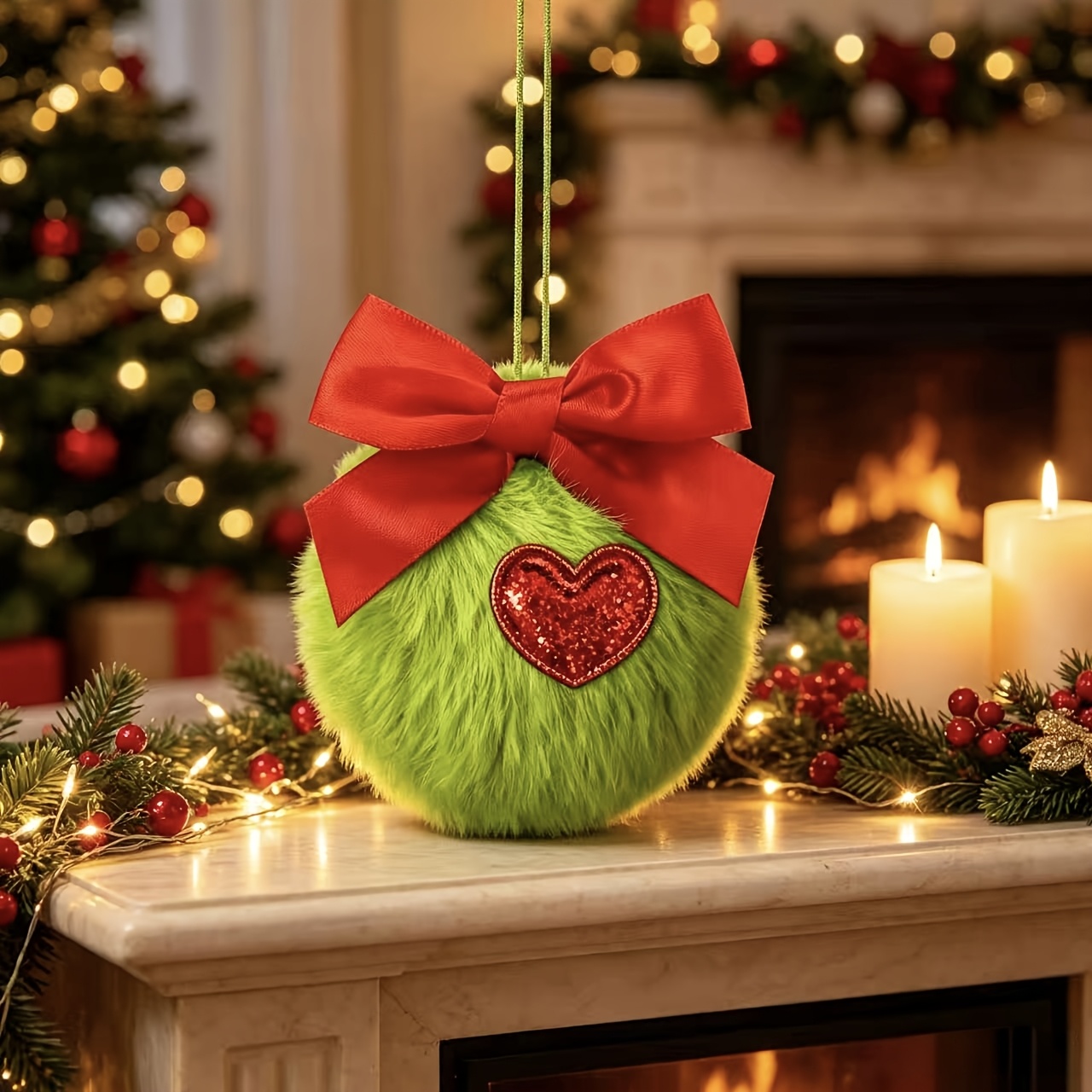 TEMU 8pcs Green Fluffy Christmas Ball Ornaments, Fluffy Elf Decorations, Red Bow Heart Plush Balls, Suitable For Christmas Tree Hangings, Handmade,