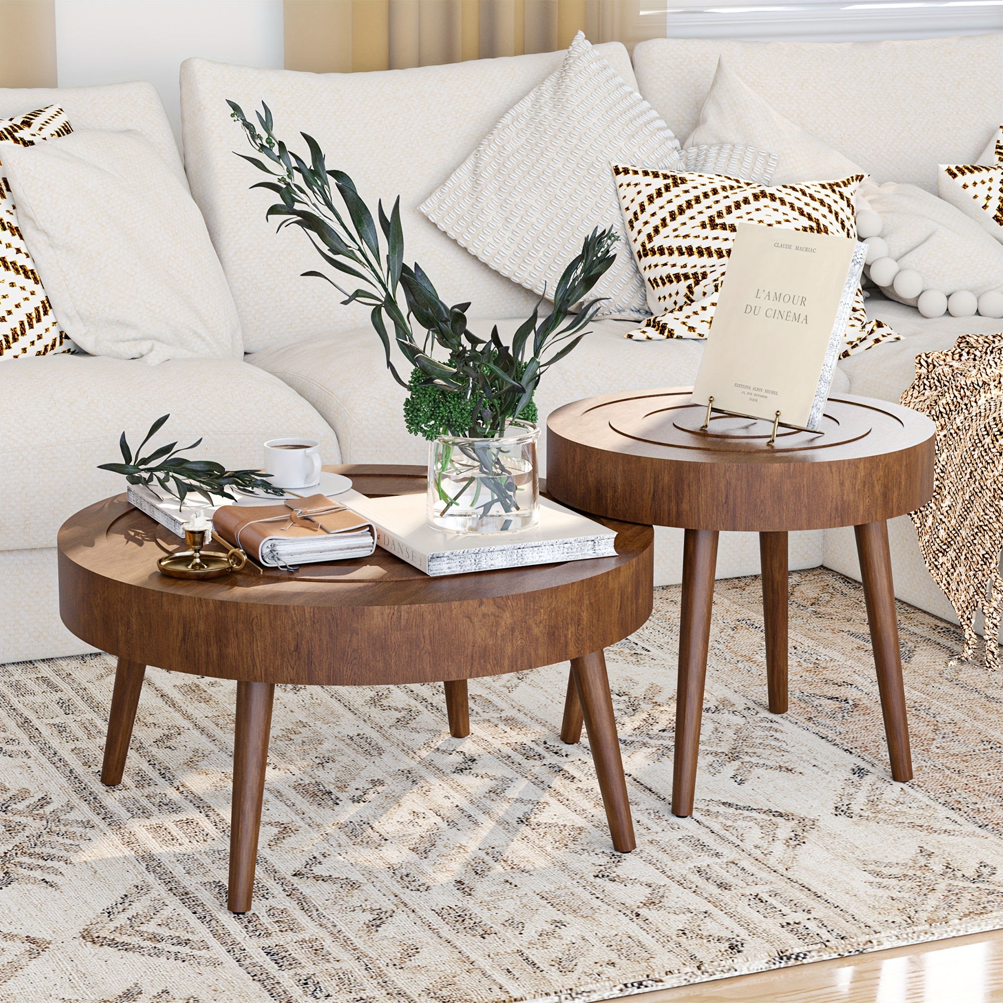 

Wooden Coffee Table Room, Concentric Circles Pattern Modern Farmhouse Center Table For Living