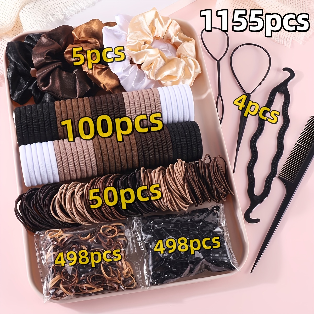 TEMU Random 1155pcs Simple And Basic Fashionable Hair Accessories Combination Set, High-elastic Satin Textured Hair Ties, Basic Hair Ties In Colors,