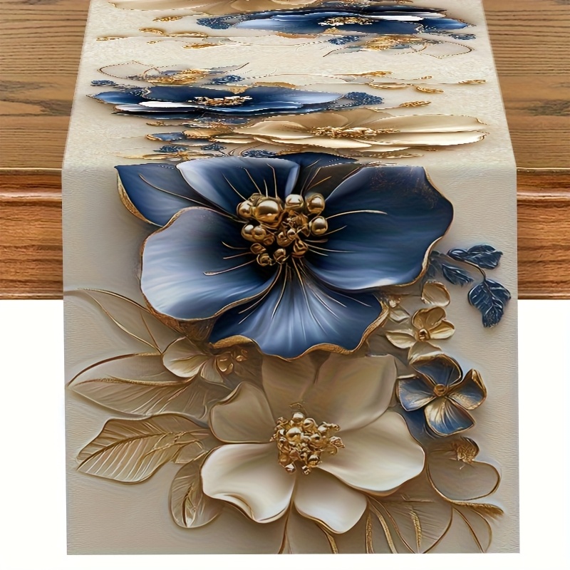 TEMU 1pc Elegant Golden Blue Floral Christmas Table Flag, Modern Cartoon Printed Tablecloth, Suitable For Holiday Restaurants, Home Party, Coffee