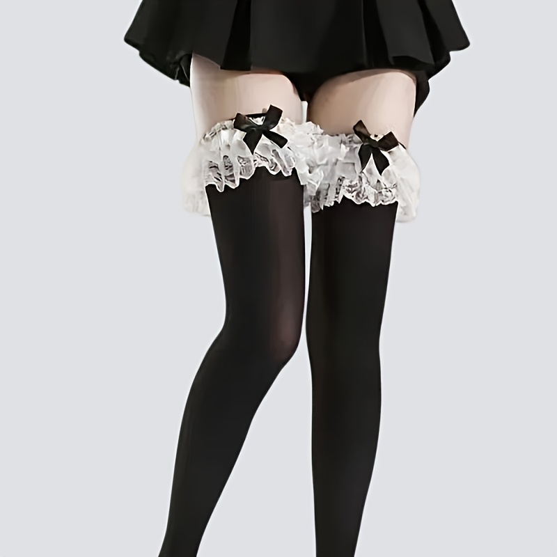 TEMU 1-pair Women' Gothic Maid Thigh-high Stockings With Non-slip Sole & Lace Trim - Sheer Suitable For Cosplay, Roleplay, Anime , Themed Parties -