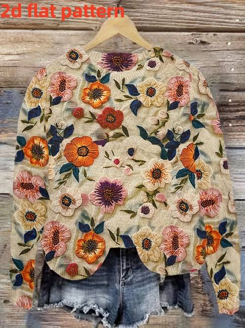 2d flat pattern autumn winter directional autumn new stylish versatile pullover long sleeve womens top floral pattern trendy womens wear thin sweater