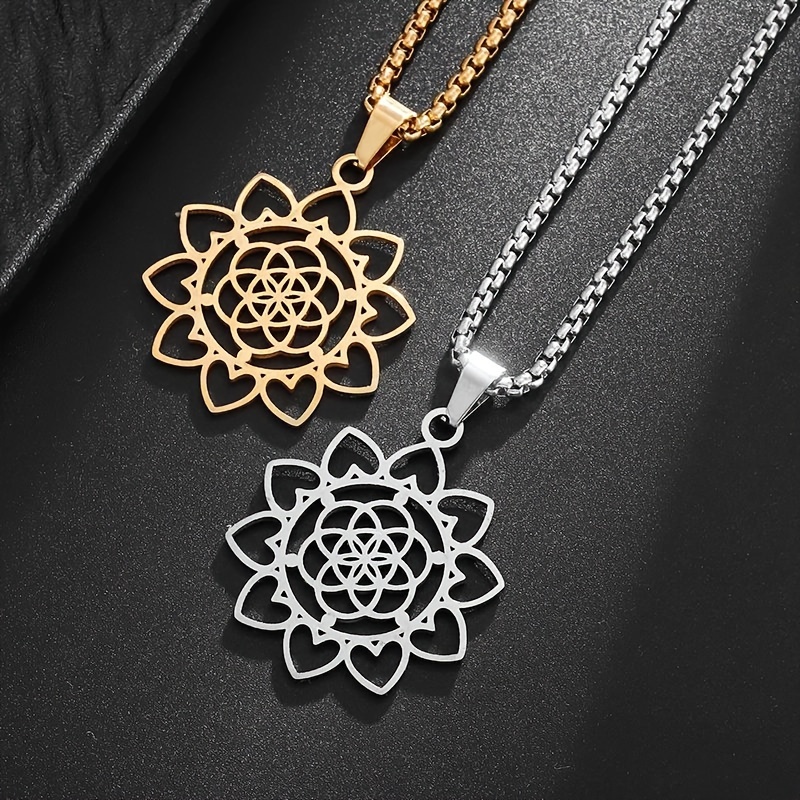 

1pc Collier Pendentif Mandala Fleur de Vie en Acier Inoxydable pour Femme, Bijoux de Yoga Décontractés , Plaqué Or 18K, Unisexe, Accessoire Toutes