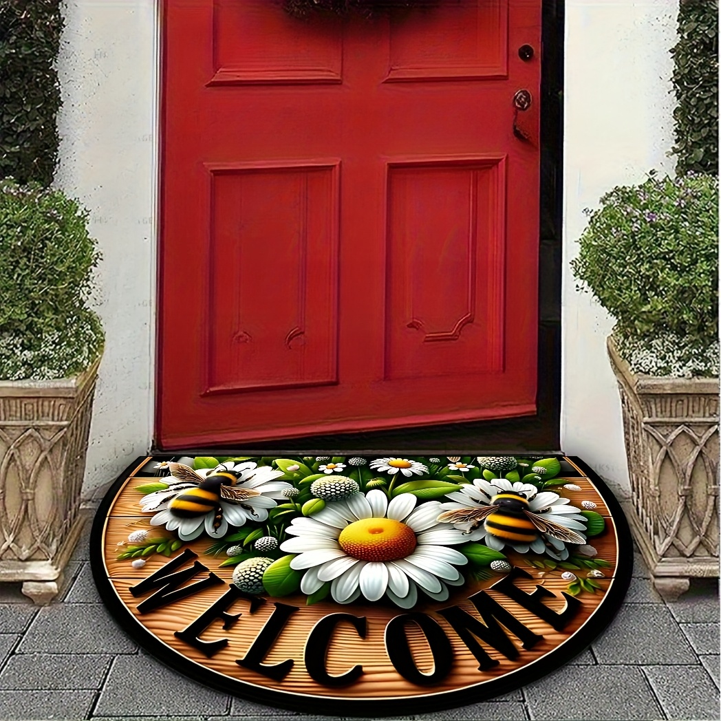 Image of 1pc Floral And Bee Theme Semi-circular Mat, Polyester Material Indoor/outdoor Non-slip Door Mat, Suitable For Living Room, Bedroom, Kitchen, Bathroom, Terrace, Home Decor, Outdoor Decor