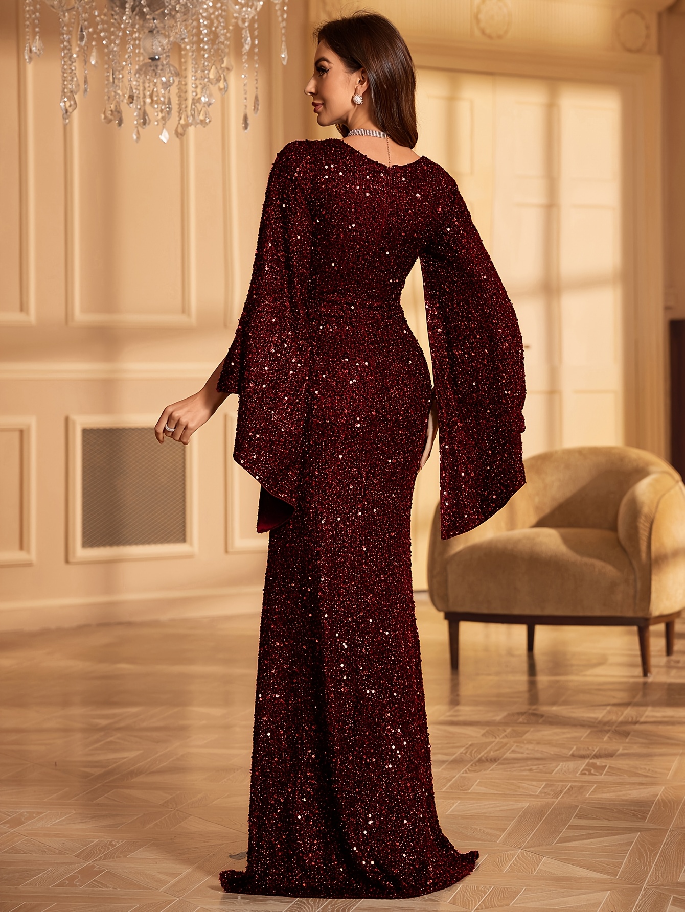 sequin evening dresses with sleeves Portia and Scarlett PS23015CL Prom Dress - Nude main image 1