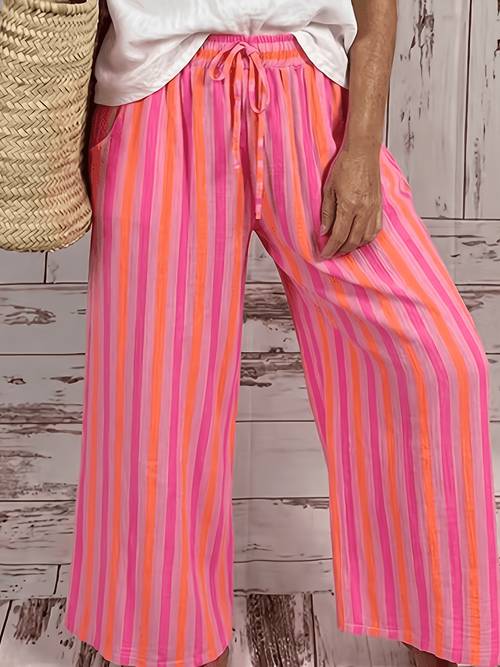 damen hose mit elastischem bund, kordelzug, gestreift, weitem bein, , lockere, atmungsaktive freizeithose für sommerurlaub und strandbekleidung, lldx