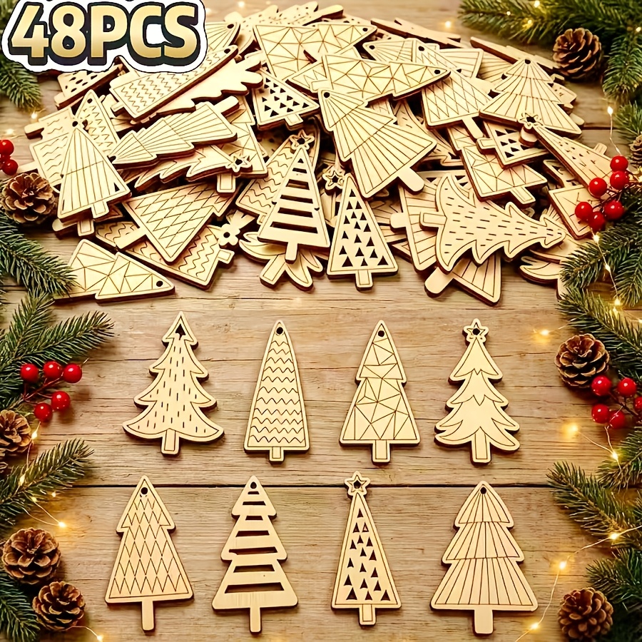 TEMU 48pcs Bois 8 Styles Arbre de Noël Décorations Mixtes Peinture Graffiti Décoration Maison Anniversaire Mariage Ornements et Pendentifs en Bois