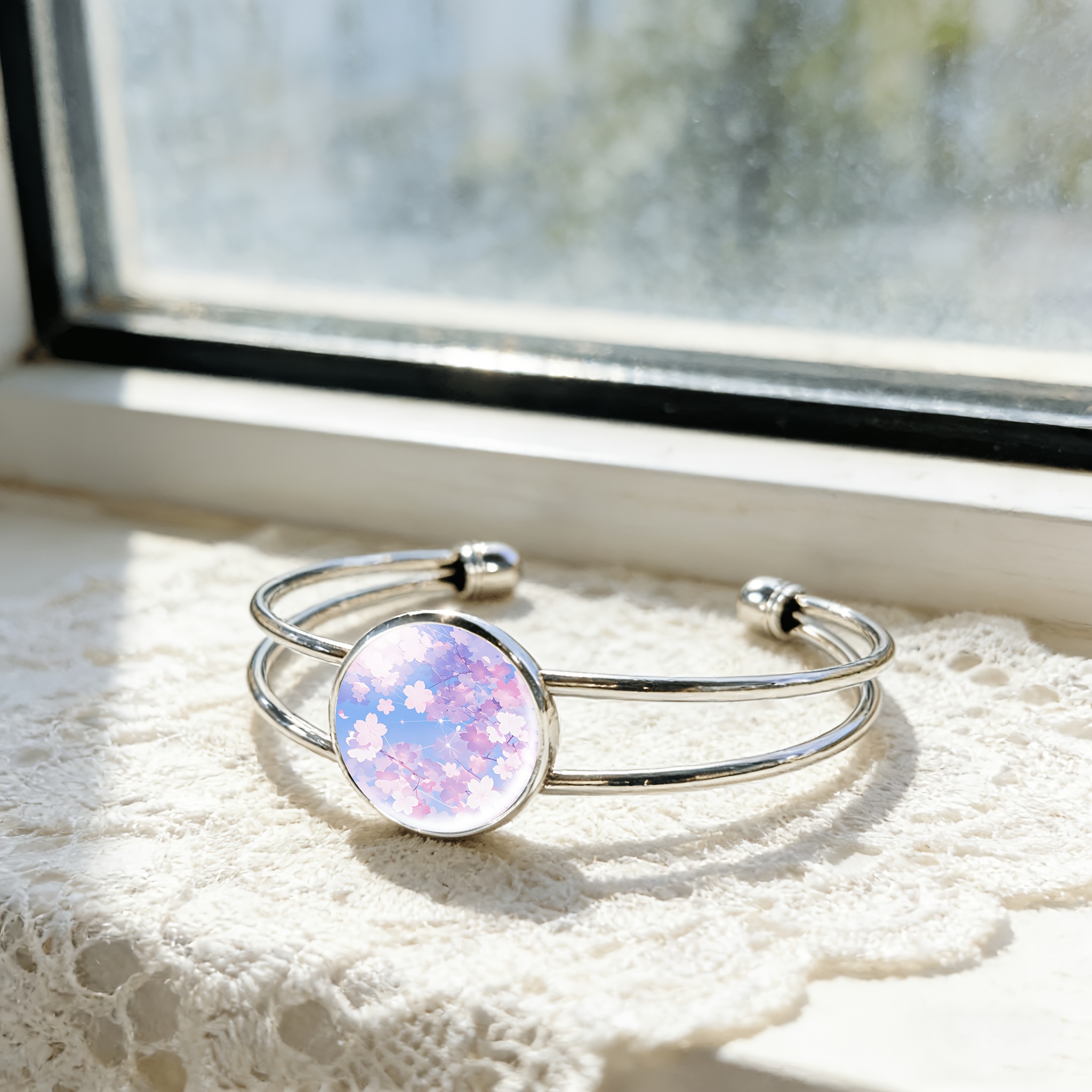 Adjustable Open Bangle with Pink Cherry Blossoms Design