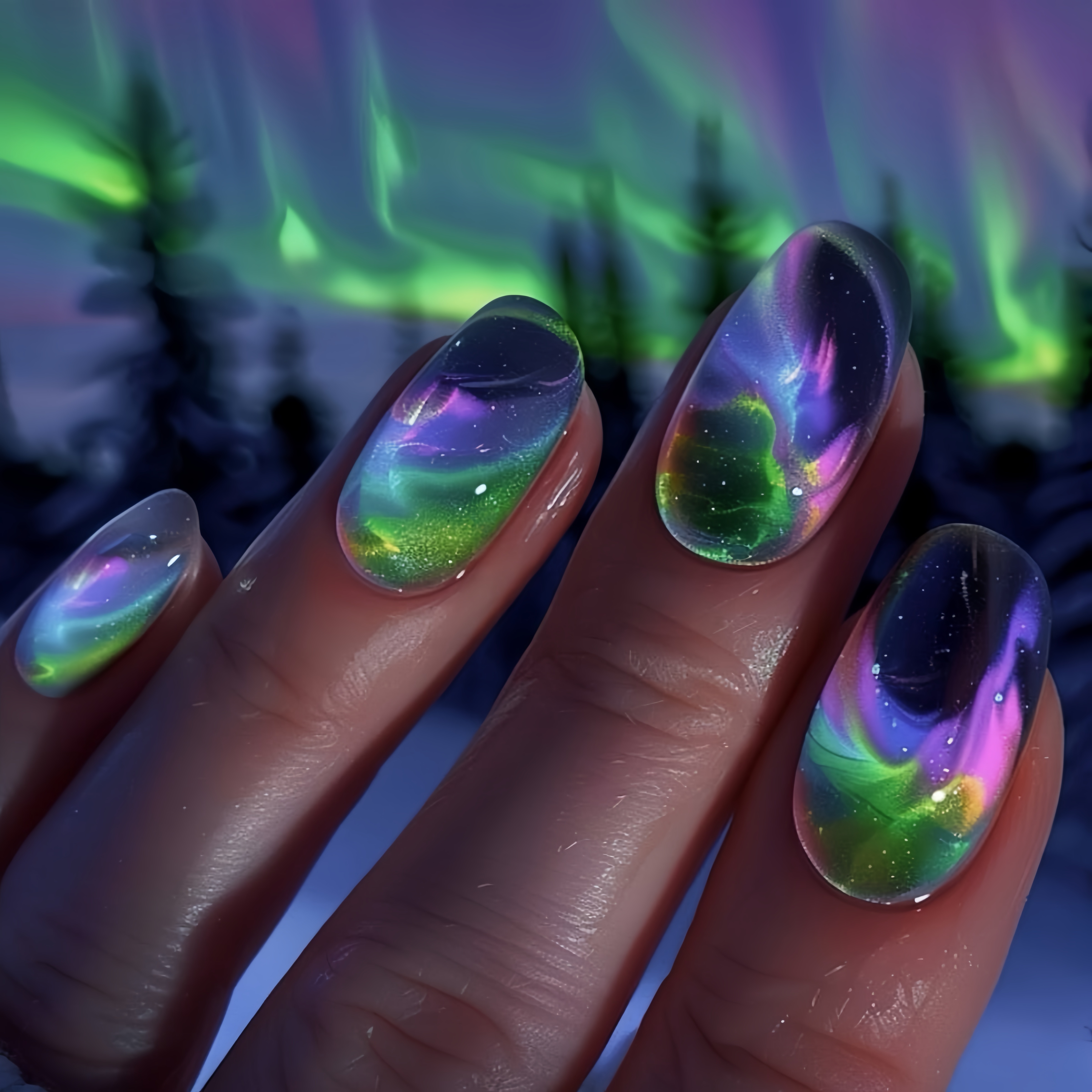 TEMU 24pcs Medium Length Oval Nails, Aurora Pattern Press-on Nails, Multicolor Ombre Nails, Removable Fake Nails, Press-on Nails, Women's Nail Art, Artificial Nails