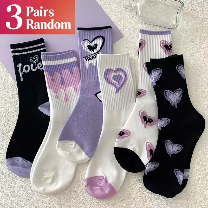 TEMU Mixed Color Random 3 Pairs Socks Women's Mid- Value Autumn And Winter Ins Trendy All-match Long- Cartoon Sports Stockings