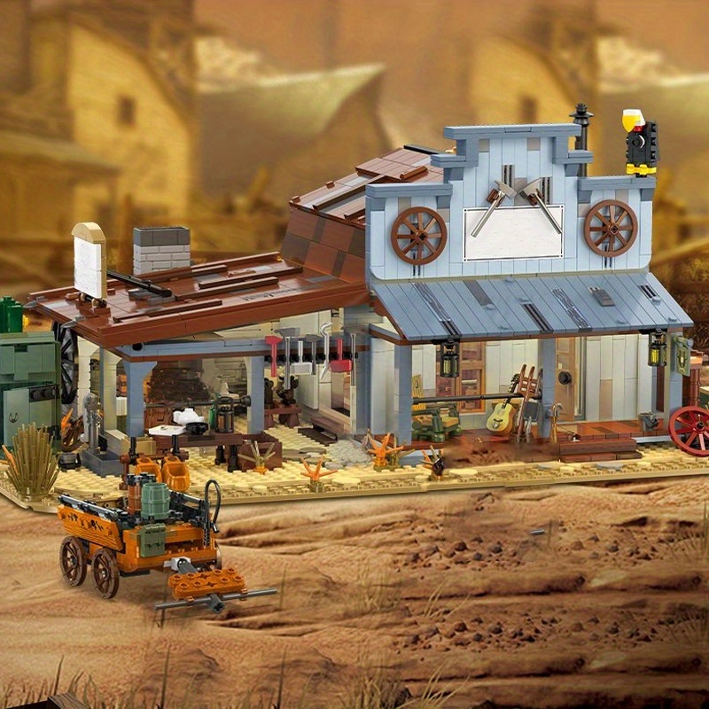 Image of (no Original Box) 2718pcs Bricks Western Blacksmith Shop Assembly Buildings Block Model For Christmas Halloween Birthday Gift, Jx89145 Blacksmith's Shop Buildings Block Set Toys For Diy Block.