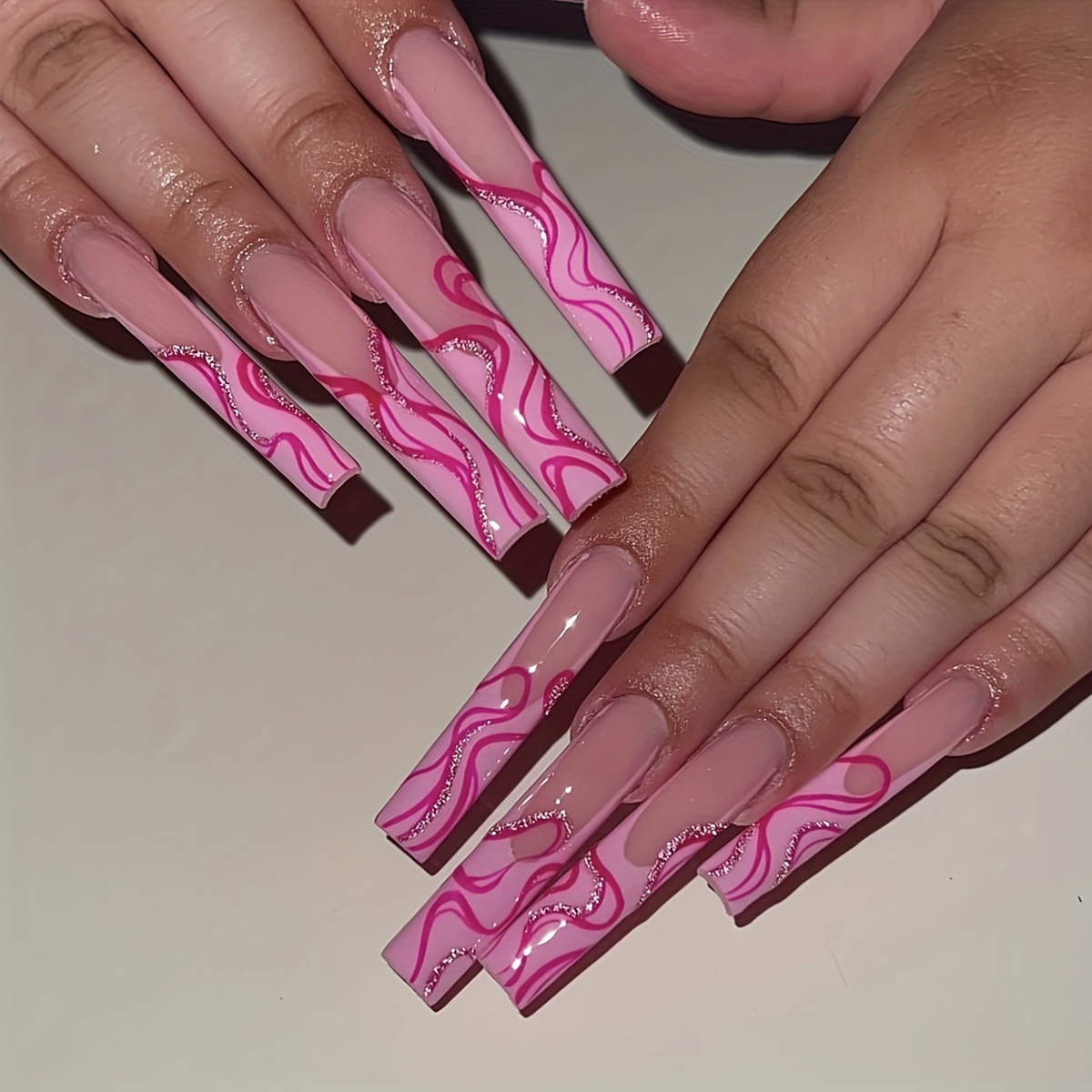 TEMU Ultra Long Water Pipe Nail, , Sparkling Pink, Teenage Nail Art, European And , Wearable Nail, 24pcs