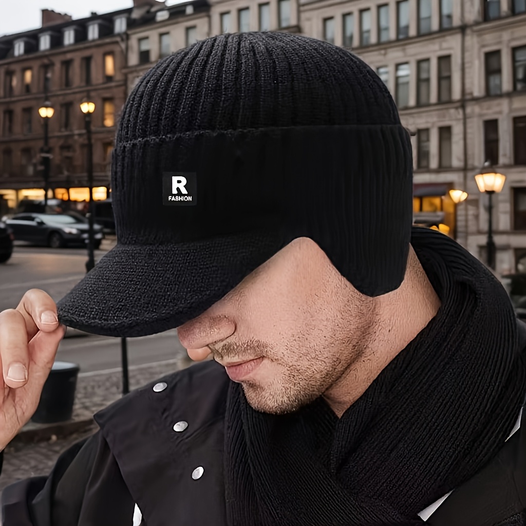 TEMU Men's Stretch Knit Beanie With Ear Flaps - Fleece-lined Thermal Winter Hat, Adjustable Toggle Closure, Design For Outdoor Sports & Casual Wear, , Modern Beanie, Warm Headwear