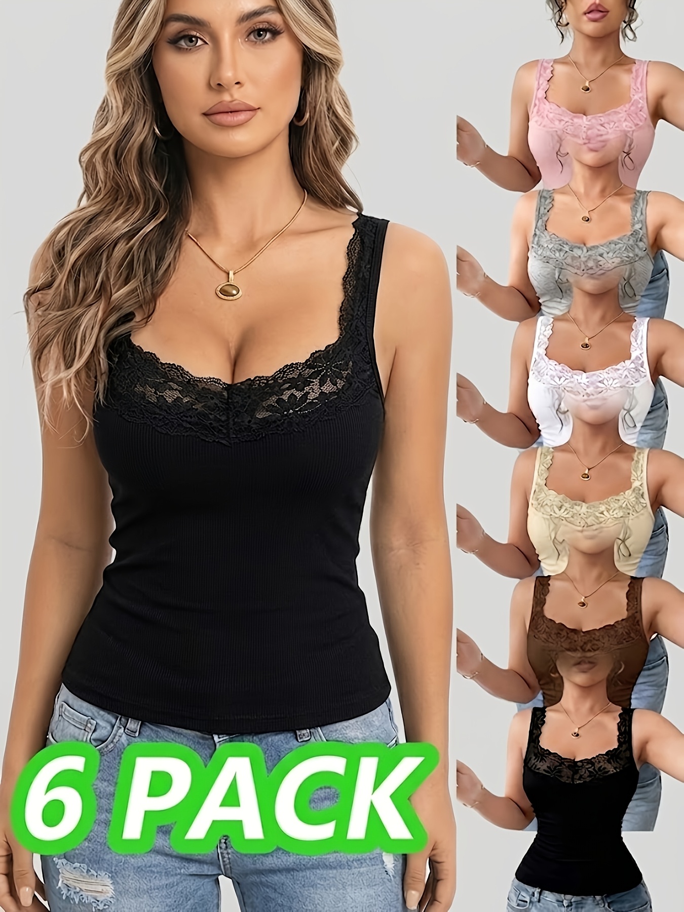 6pcs Pack Women's Multicolor Lace Sleeveless Vests - Basic Threaded Microfiber Base Shirts, Non-Marking Blouse Suitable for Daily Layering, Stacked Under, Hand Washable Solid Color Lace Trimmed Outerwear