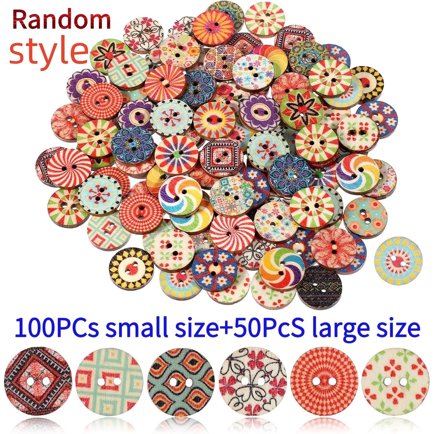 TEMU 150 Pcs Multicolor Vintage Wooden Buttons, Round, Assorted Floral Patterns, Ideal For Sewing, Knitting, Crocheting And Scrapbooking (100 Small