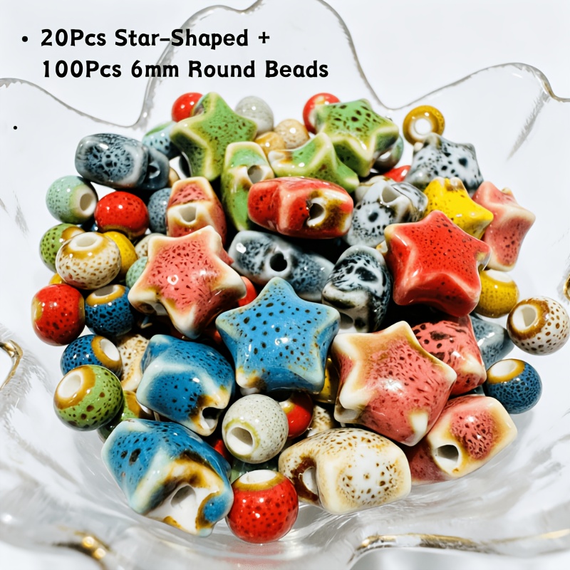 TEMU 120pcs 120pcspcs Suitable For Making 20pcs Star Beads + 100pcs Round Beads Glazed Ceramic Beads With Assorted Colors & Glossy For Bracelets,