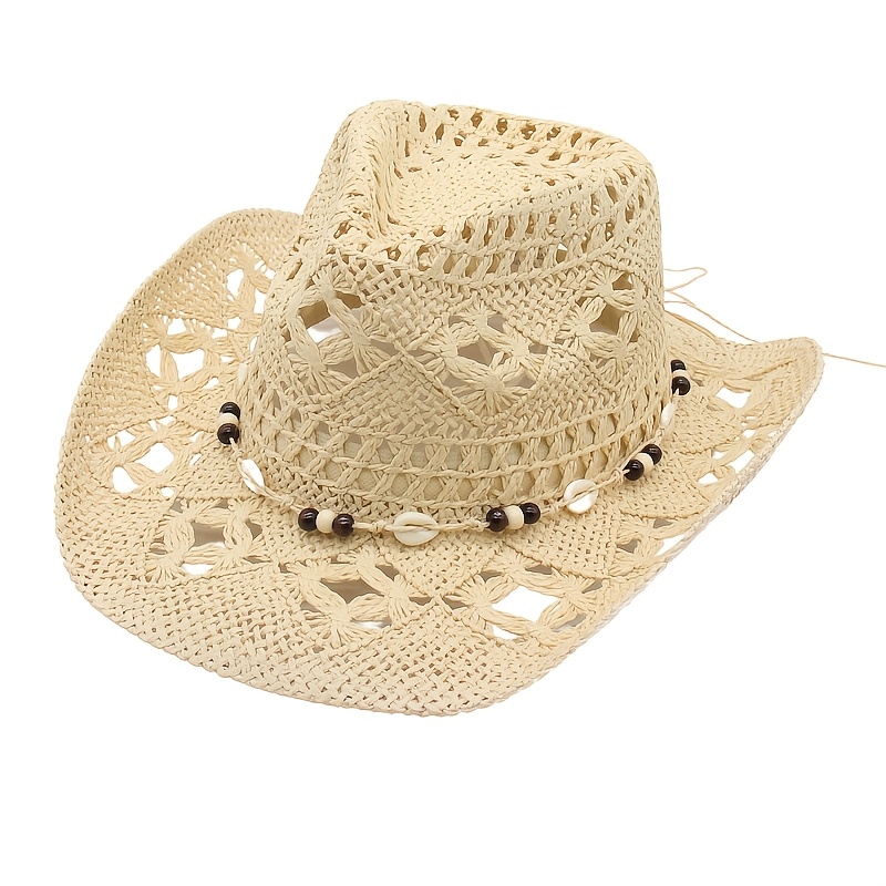 TEMU 1pc, Rolled-brim Wide-brim Straw Cowboy Hat, Diy Shell Chain, Hand- Sun Hat, Western Cowboy Hat, For Carnival And Halloween Party Costumes,