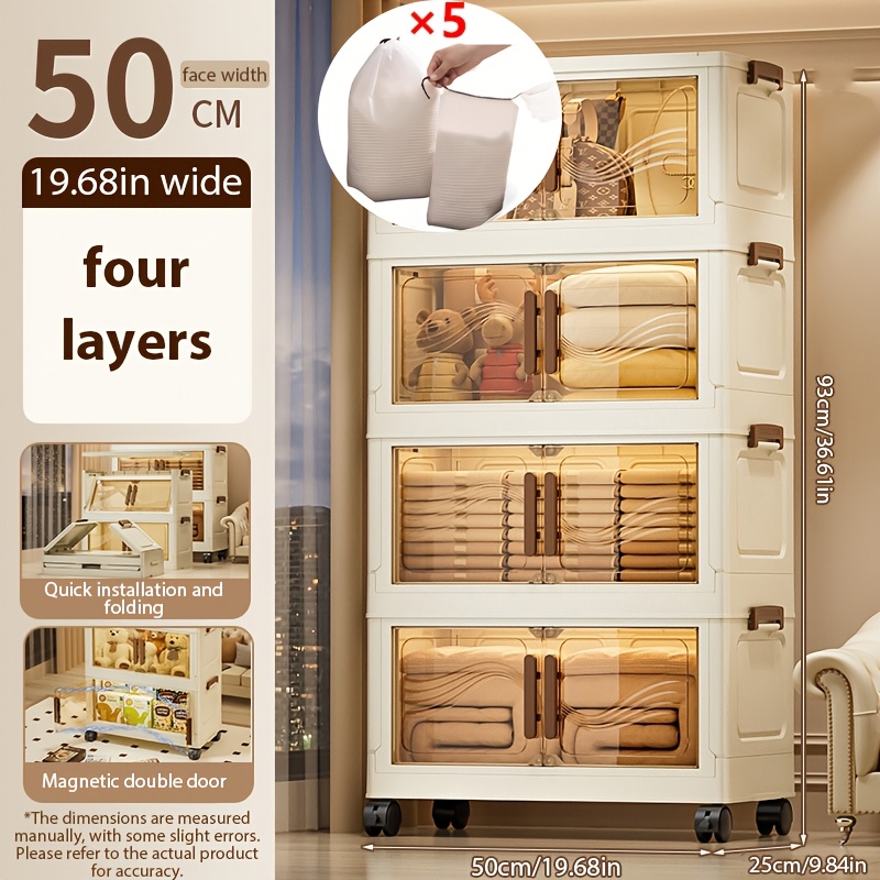 50cm Extra Large Heavy-duty Plastic Folding - Collapsible Organizer With 4-wheel Mobility, 3/4 Layers Design, Space- Floor Cabinet With Clear Front And For Closet, Bedroom, Kitchen, Office