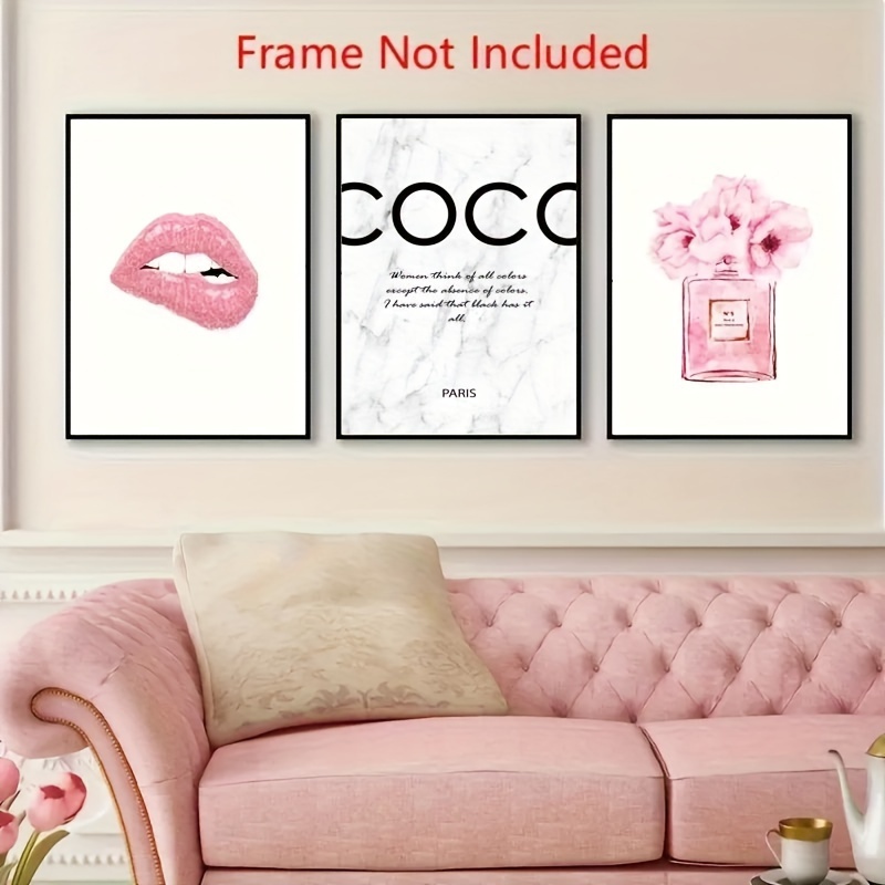 

3pcs -inspired Canvas Wall Art Set - Watercolor Perfume Bottle & Lips Prints For ' Bedroom Decor,