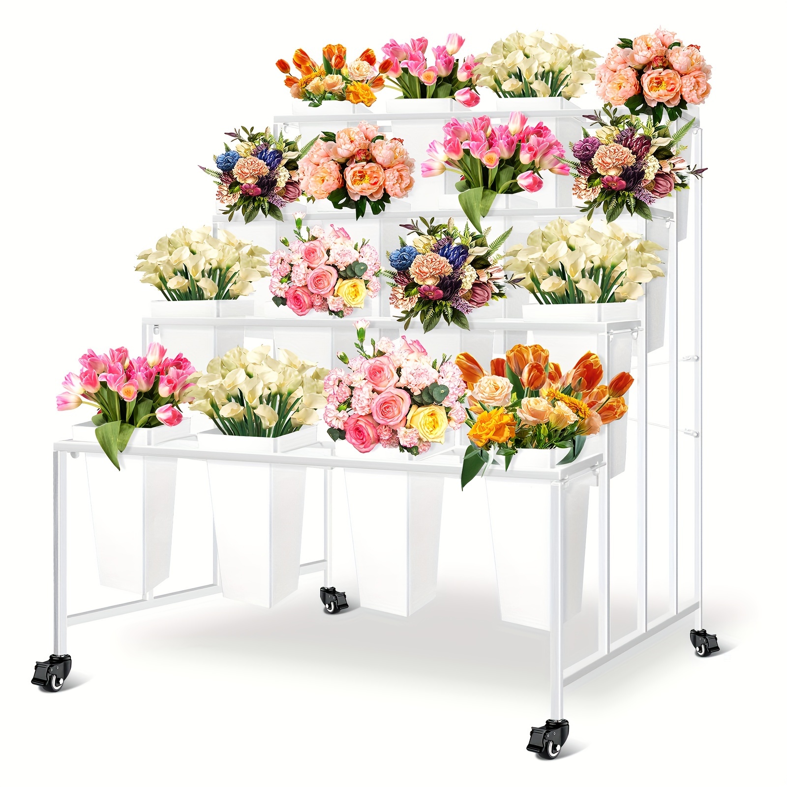 

Flower Display Stand With Buckets, 4 Layers 16pcs Buckets Metal Flower Cart Display Stand With Wheels, Heavy Duty Moving Plant Cart Shelf, For Florist, Garden, Patio