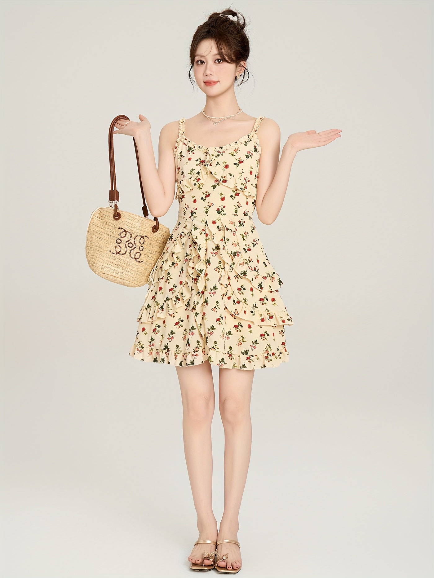 vestido elegante flores vestido mini sin Temu Chile