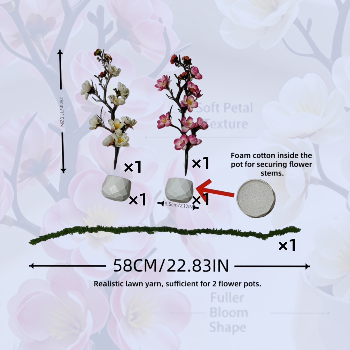 TEMU 5pcs Set - Artificial Potted Plant / 2 Artificial Flowers + 2 Flower Pots + 1 Lawn Velvet Yarn / Gradient (romantic) - Style (simple) | Suitable
