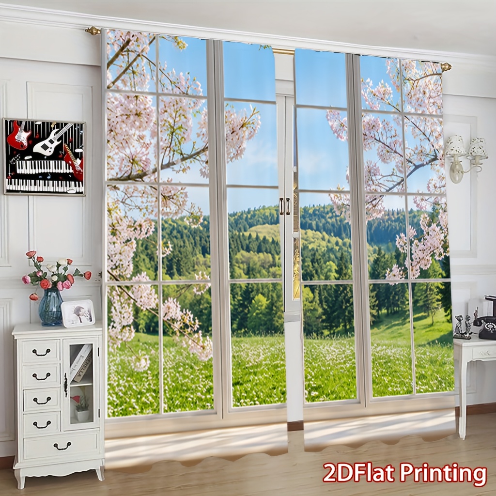 TEMU 2d Flat, 2pcs Panel 2d Flat Window Curtains Suitable For Living Room, Semi-sheer Privacy Panels With Spring Landscape Scenery Print, Light
