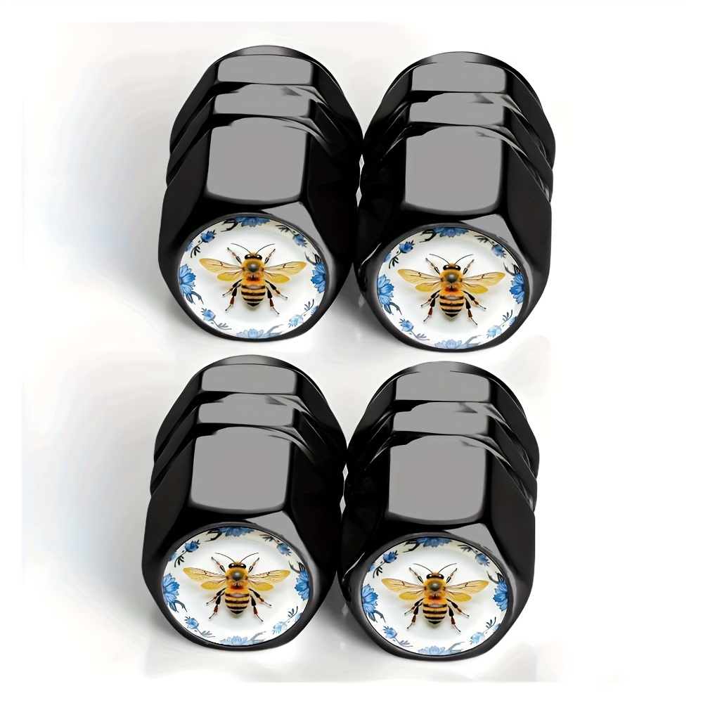 TEMU 4pcs Black Porcelain Plate Bee Decorative Pattern Tire Valve Caps - For Cars, Trucks, Suvs And Motorcycles, Durable Aluminum Alloy, Stylish And