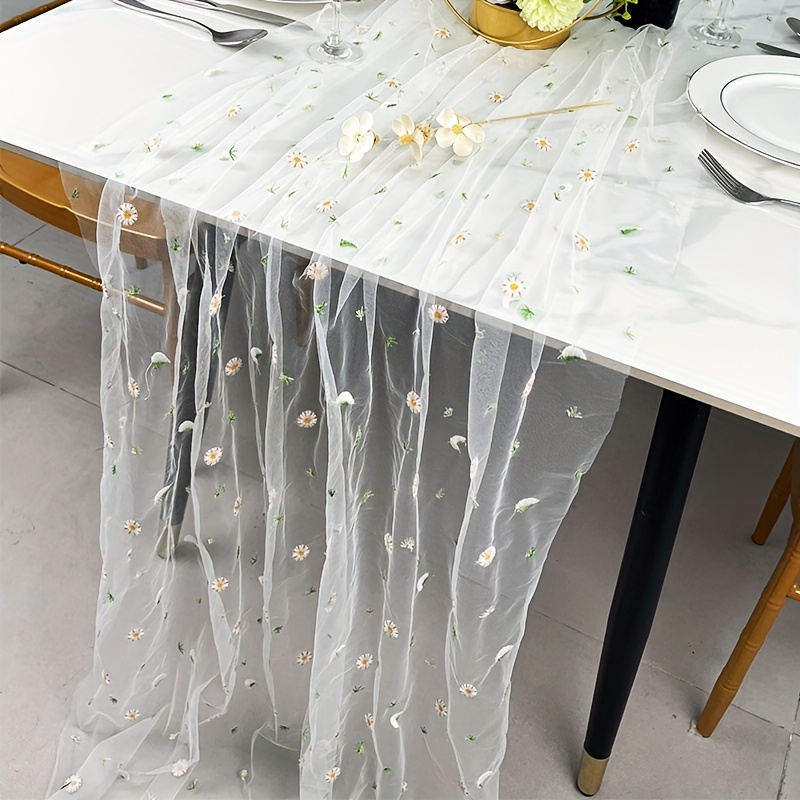 1pc Chrysanthemum Embroidered Tulle Floral Table Runner, Rectangular Gauze Table Runner, Suitable For Wedding Banquets, Spring/summer Floral Seasonal Easter Long Dining Table Decoration Table Runner