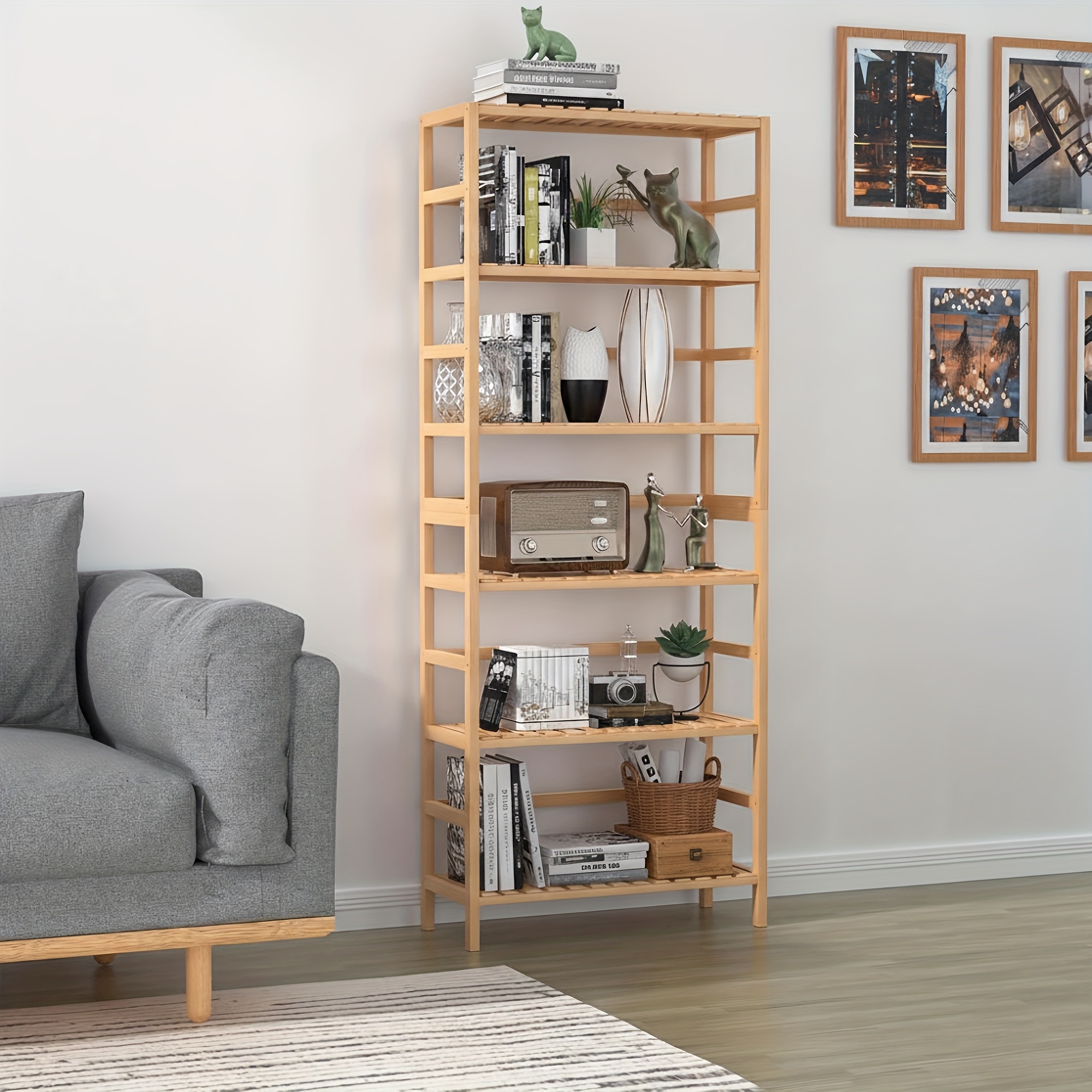 Adjustable 6-tier Bamboo Bookcases And Bookshelves, 63.4" Tall Shallow Organizer Rack, Storage Unit For Living Room, Kitchen, Bathroom, And Office, Utility Racks