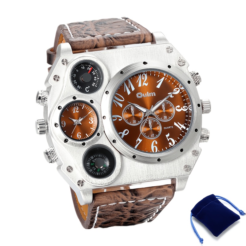 TEMU Men 2 Time Zone Big Quartz Watch Mens Faux Leather Wrist Watch Casual Sports Wirstwatch
