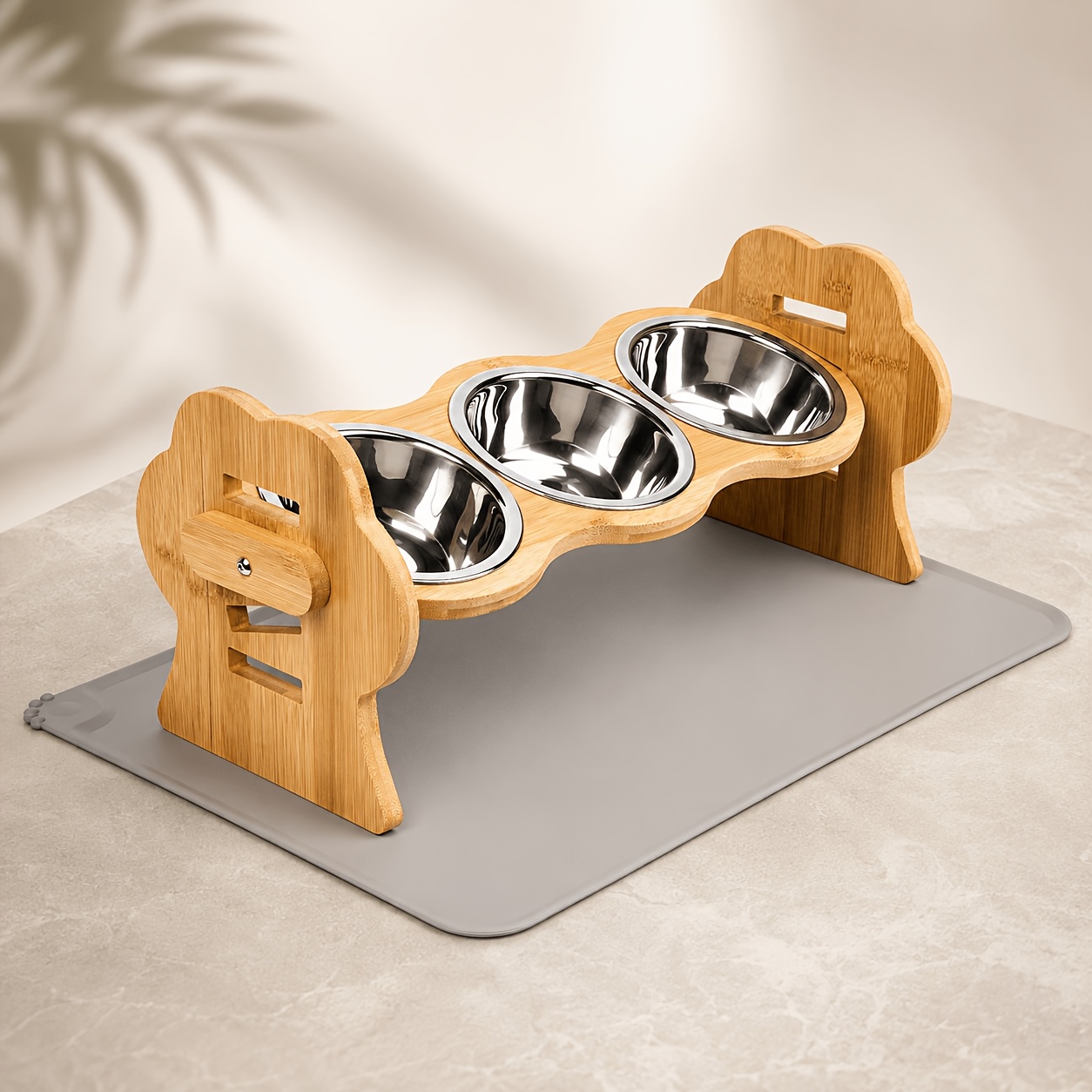 Image of Cat Feeding Bowl, Small Dog Food Dish, Adjustable Elevated Pet Feeding Stand, Bamboo Cat And Dog Feeding Table, With 3 Stainless Steel Feeding Bowls, Suitable For Cats And Small Dogs